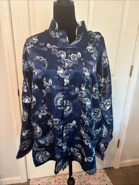 Navy Satin Dragon Print Mandarin Collar Jacket